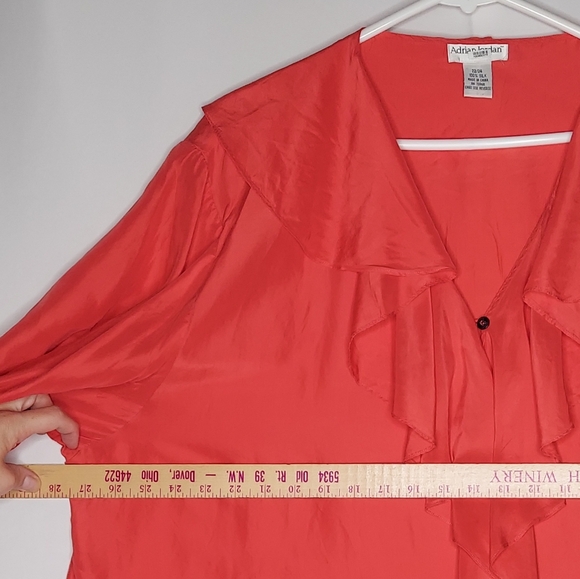 Adrian Jordan Silk Top 22 24 Ruffle Vneck Button Short Sleeve Satin Blouse Vtg - Picture 5 of 7